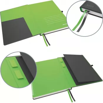 LEITZ Complete Notizbuch A5 kariert, schwarze Lederoptik, 80 Blatt elfenbeinfarbenes Papier, Gummiband, Stifthalter 4473-00-95