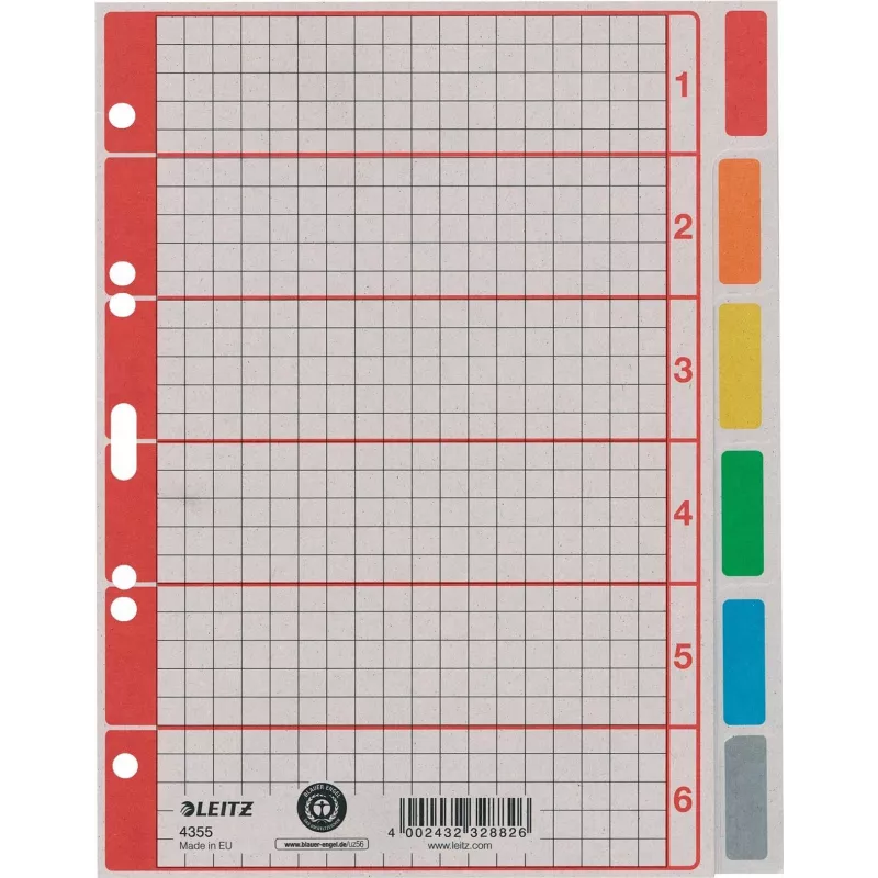 LEITZ Extra starker Karton-Register, Blanko, A5, 6-teilig, Grau 230 g/m², beschriftbares Deckblatt mit Rasterdruck 4355-00-85