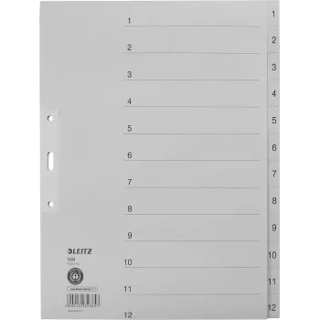 LEITZ Manila Register, Numerisch 1-12, A4 Extra Breit, Grau, 12-teilig, 100 g/m², 80 mm Lochung, Verstärkte Löcher 1233-00-85