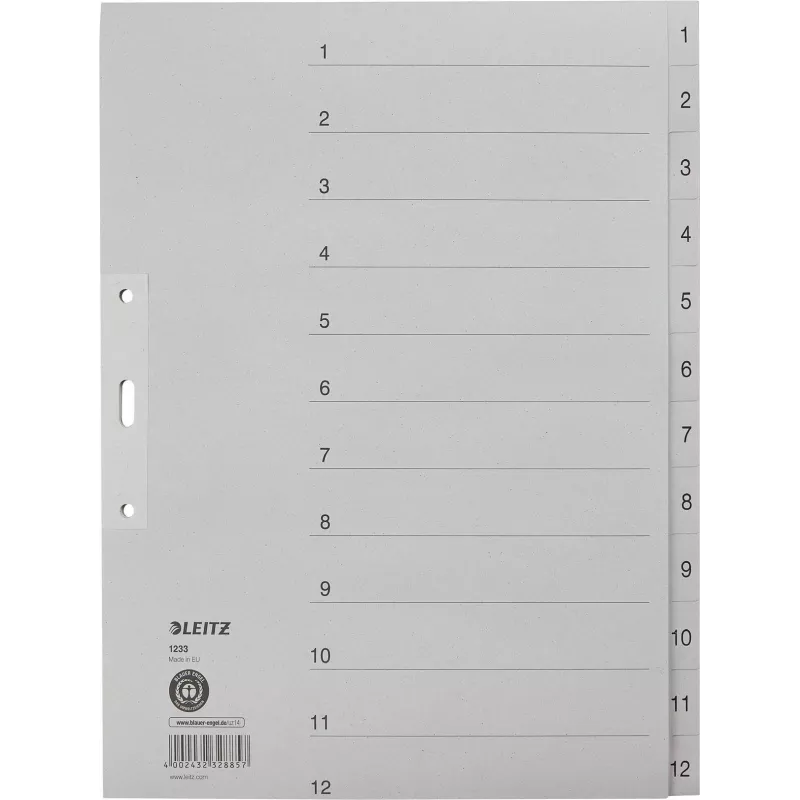 LEITZ Manila Register, Numerisch 1-12, A4 Extra Breit, Grau, 12-teilig, 100 g/m², 80 mm Lochung, Verstärkte Löcher 1233-00-85