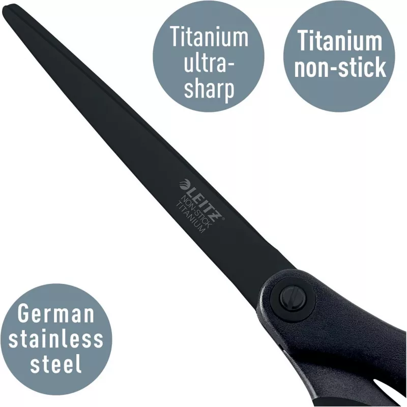 Leitz Titanium Quality Schere 180 mm, Edelstahlklingen mit Titanbeschichtung, ergonomische Soft-Grip-Griffe, Schwarz/Rot, für Papier und Stoff 5419-60-95