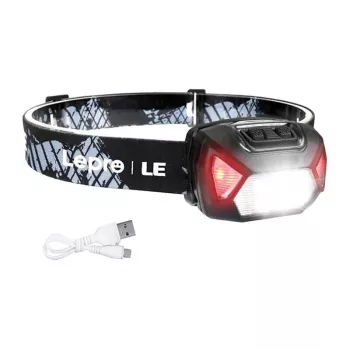 LEPRO 320014 USB wiederaufladbare LED-Stirnlampe mit CREE XPE Spot, COB Flutlicht, rotem Licht, IPX4 wasserdicht, 300 Lumen, 1200mAh Akku, verstellbarem elastischem Kopfband - Schwarz