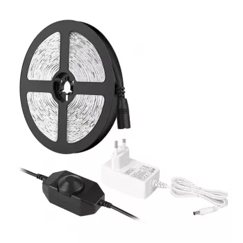 LEPRO PR4100067-DW-EU 5m Warmweißes LED-Streifen-Set mit dimmbarem 3000K SMD 2835 Band, 12V 24W 1200lm, 3M-Klebeband, Inline-Dimmer, Netzteil inklusive, IP20