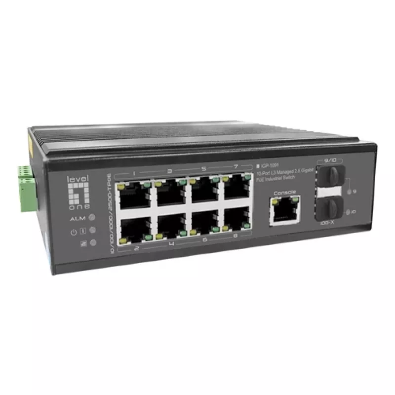 LevelOne Industrial PoE+ Switch 8x 2,5G PoE, 2x 1G, 2x 10G SFP+ Uplinks, Unmanaged, DIN-Schiene, IP30