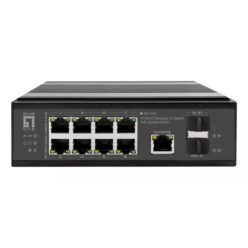 LevelOne Industrial PoE+ Switch 8x 2,5G PoE, 2x 1G, 2x 10G SFP+ Uplinks, Unmanaged, DIN-Schiene, IP30