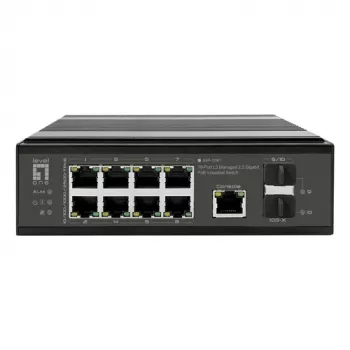 LevelOne Industrial PoE+ Switch 8x 2,5G PoE, 2x 1G, 2x 10G SFP+ Uplinks, Unmanaged, DIN-Schiene, IP30