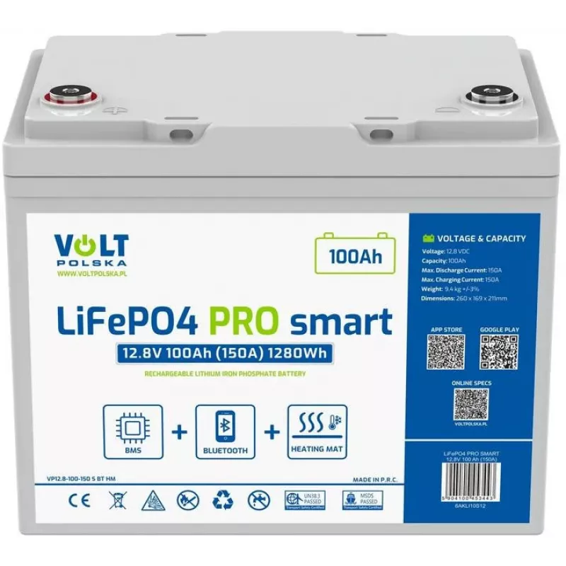 LiFePO4-Akku Volt Polska PRO SMART 12,8 V 100 Ah (150 A) BMS BLUETOOTH + HEIZPAD