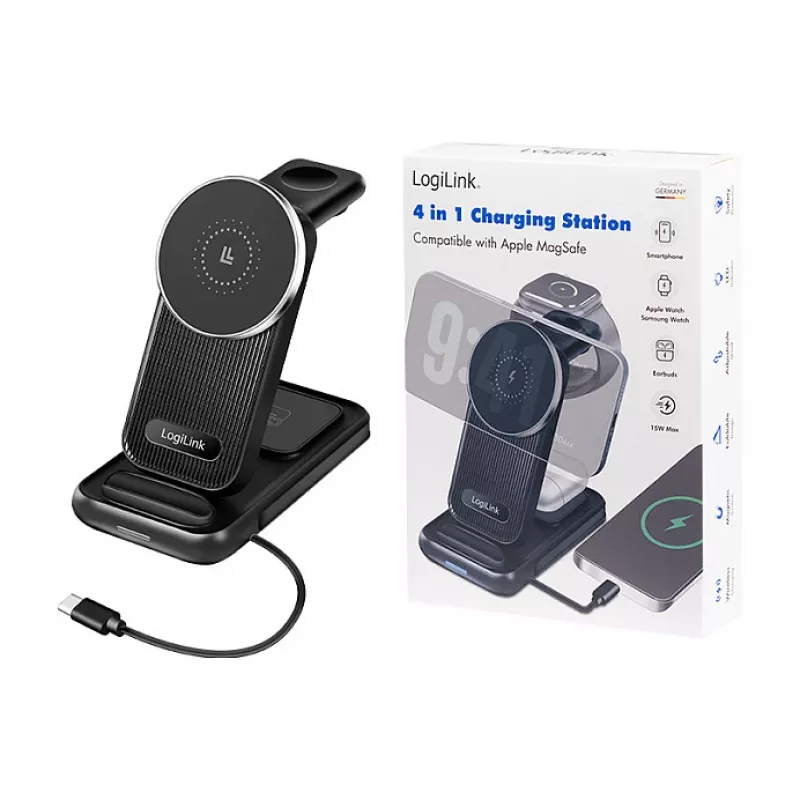 Logilink 4-in-1 Kabelloses Tischladegerät, 15W Qi Ladestation (PA0292)