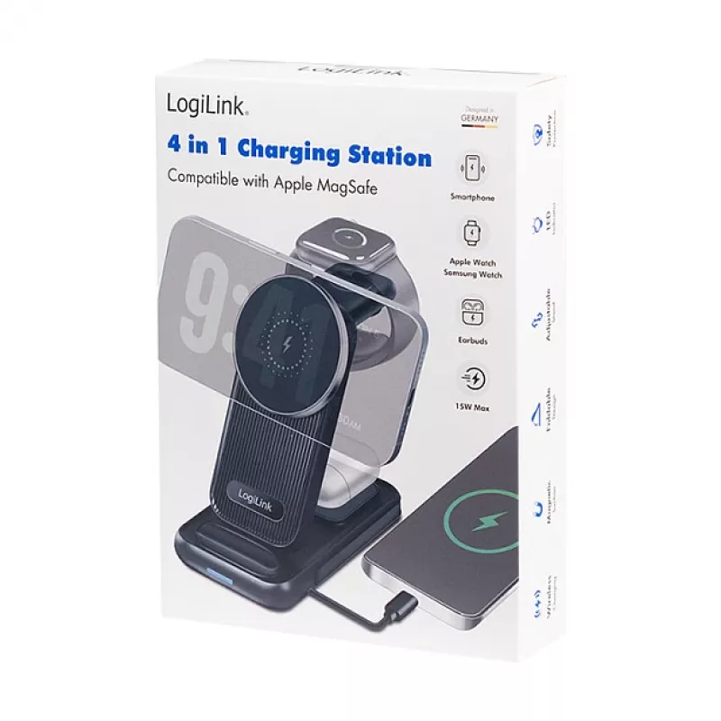 Logilink 4-in-1 Kabelloses Tischladegerät, 15W Qi Ladestation (PA0292)