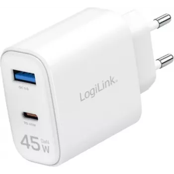 LogiLink 45W GaN USB-Wandladegerät, 1x USB-C PD, 1x USB-A QC, Weiß, Eurostecker (PA0410)