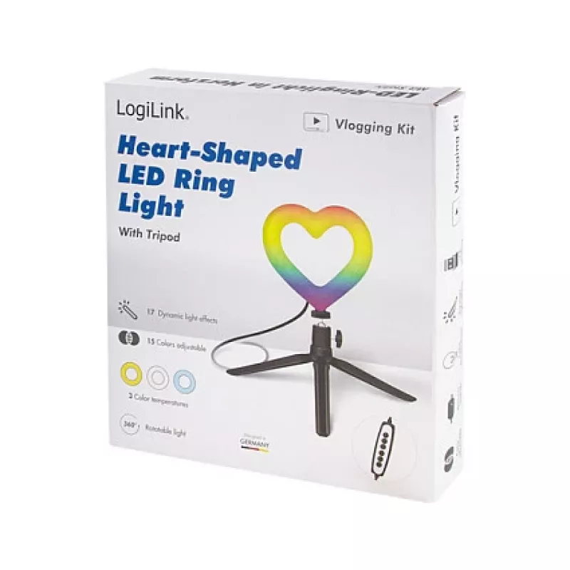 LOGILINK AA0155 LED Ring Fill Light mit Herzform und Stativ, 20,5 cm, 10 Helligkeitsstufen, 3000K-6000K, USB-A