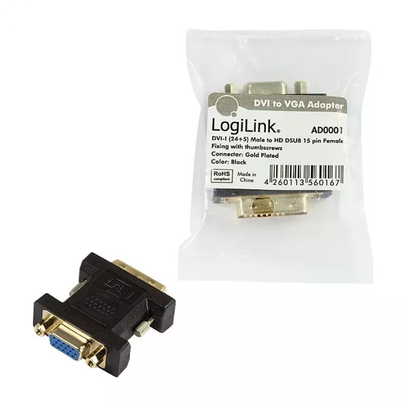 LogiLink AD0001 DVI-I auf VGA Adapter, DVI-I Stecker auf HD15 Buchse, 1080p, Schwarz