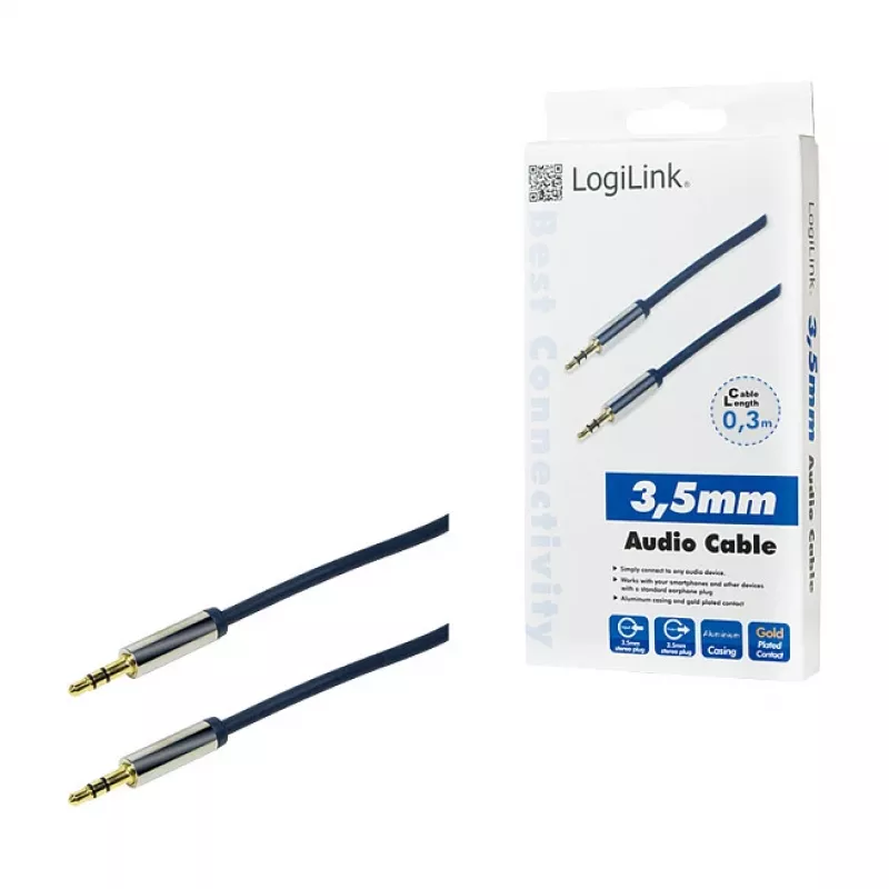 LogiLink CA10030 Premium 3.5mm TRS Klinkenkabel, Metallstecker, Blau, 0.3m
