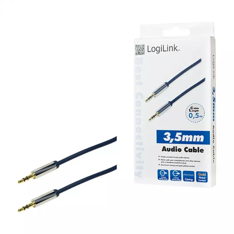 LogiLink CA10050 3,5-mm-TRS-Stecker auf 3,5-mm-TRS-Stecker Stereo-Audiokabel, Metallstecker, Blau, 0,5 m
