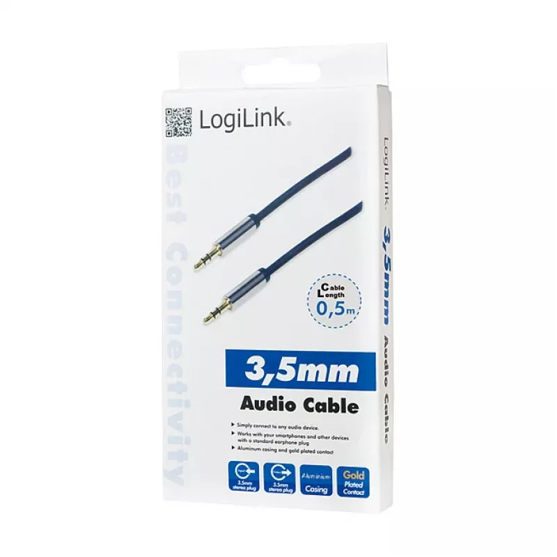 LogiLink CA10050 3,5-mm-TRS-Stecker auf 3,5-mm-TRS-Stecker Stereo-Audiokabel, Metallstecker, Blau, 0,5 m