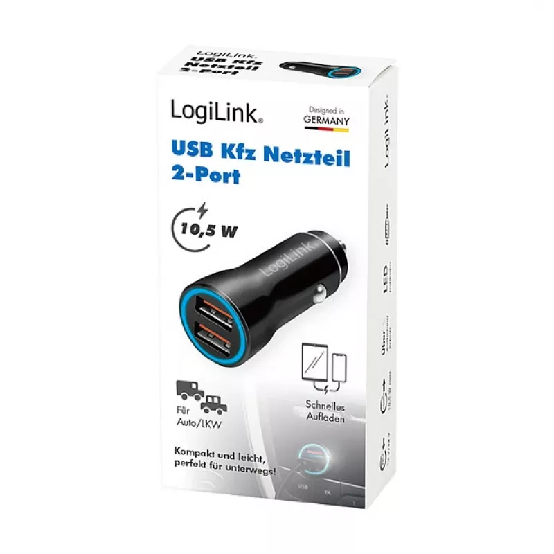 LogiLink PA0285 2-Port USB-Autoladegerät 10,5 W, LED-beleuchtet, Schwarz