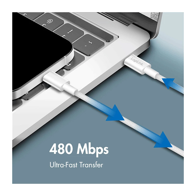LogiLink CU0320 USB 2.0 Type-C Kabel, USB-A auf USB-C, 480 Mbps, 60W, Nylon geflochten, Weiß, 0,5 m