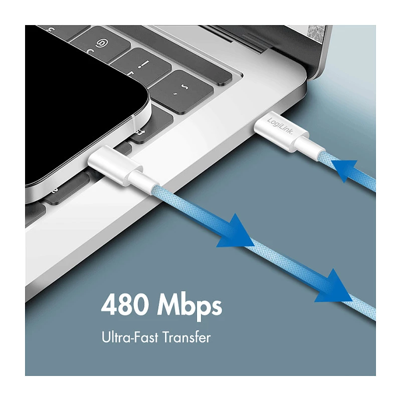 LogiLink CU0350 USB 2.0 Type-C auf Type-C Kabel, 1 m, Nylon geflochten, Blau, 60W Power Delivery, 480 Mbps