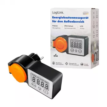 LogiLink Energy Cost Meter Outdoor, IP44 Spritzwassergeschützt, 16A, 3680W, Schuko, LCD