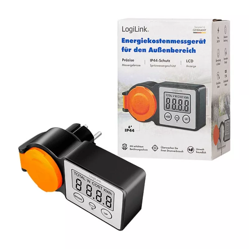 LogiLink Energy Cost Meter Outdoor, IP44 Spritzwassergeschützt, 16A, 3680W, Schuko, LCD