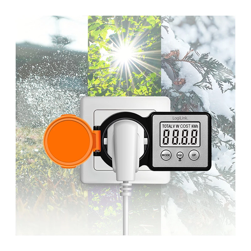 LogiLink Energy Cost Meter Outdoor, IP44 Spritzwassergeschützt, 16A, 3680W, Schuko, LCD