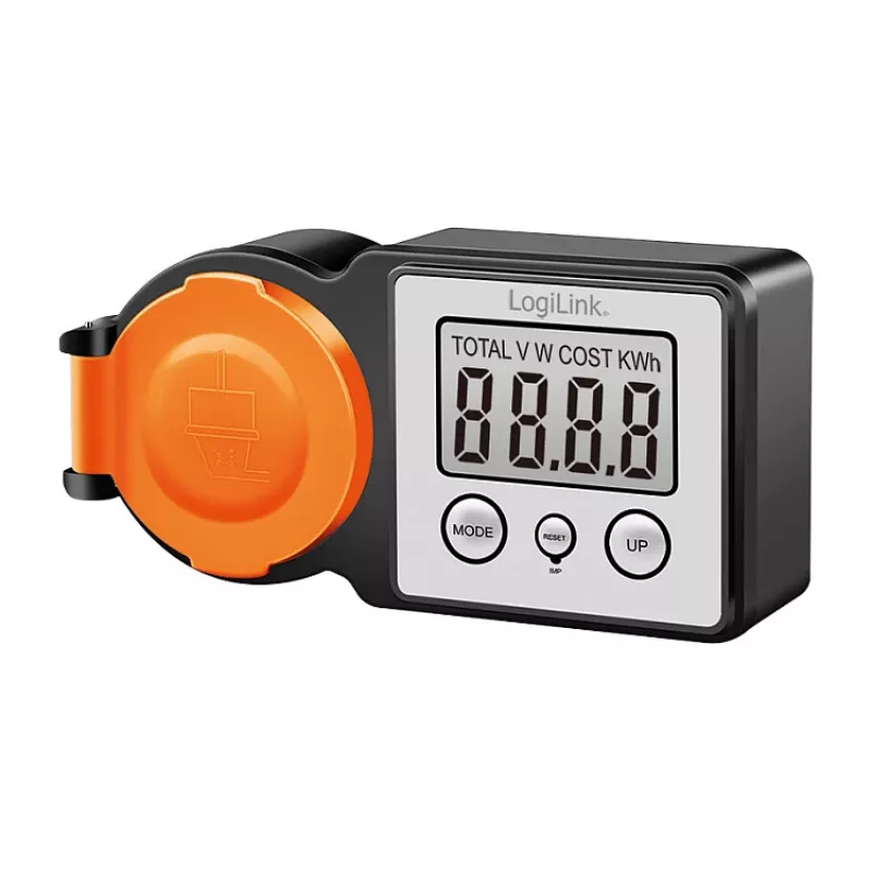 LogiLink Energy Cost Meter Outdoor, IP44 Spritzwassergeschützt, 16A, 3680W, Schuko, LCD