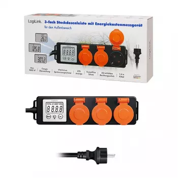 LogiLink Energiekosten-Messgerät mit 3 Außensteckdosen, IP44, Schuko, 3680 W