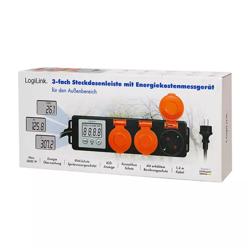 LogiLink Energiekosten-Messgerät mit 3 Außensteckdosen, IP44, Schuko, 3680 W