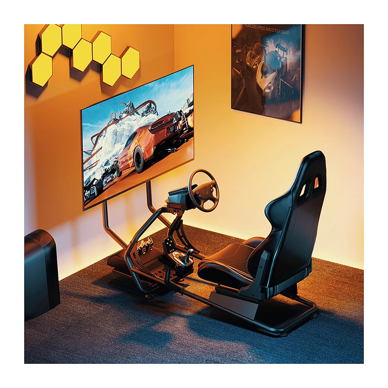 LOGILINK EO0065 Racing-Simulator-Cockpit mit Monitorhalterung, Stahlrahmen, PVC-Ledersitz, bis zu 32-Zoll-Monitor, Schwarz