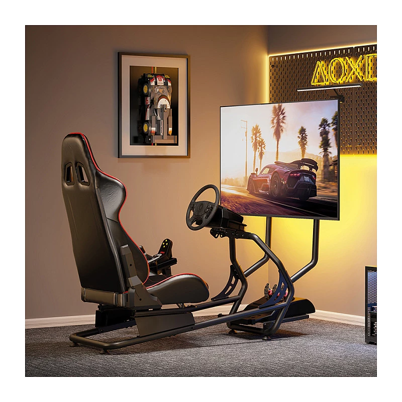 LOGILINK EO0065 Racing-Simulator-Cockpit mit Monitorhalterung, Stahlrahmen, PVC-Ledersitz, bis zu 32-Zoll-Monitor, Schwarz