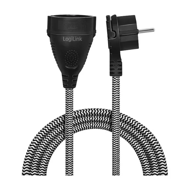 LogiLink LPS104 Verlängerungskabel, CEE 7/7 auf CEE 7/3, Textilgeflecht, Schwarz/Grau, 3 m