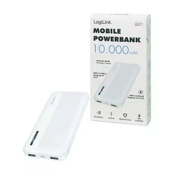 Logilink Mobile Power Bank, LiPo, 10000 mAh, USB-C in/out, Weiß