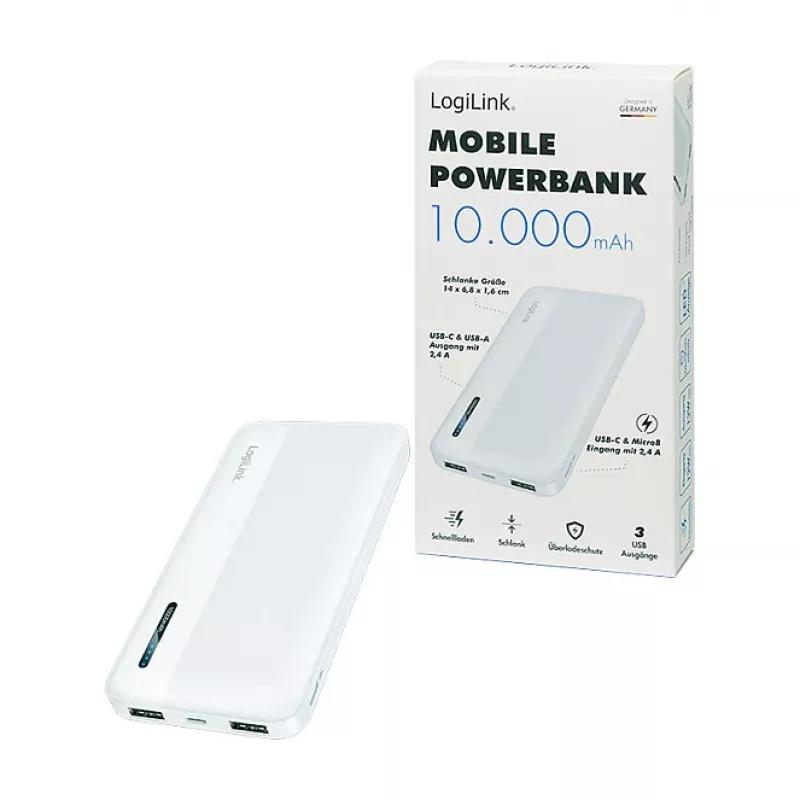 Logilink Mobile Power Bank, LiPo, 10000 mAh, USB-C in/out, Weiß