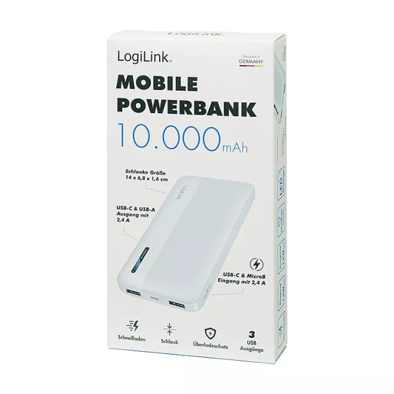 Logilink Mobile Power Bank, LiPo, 10000 mAh, USB-C in/out, Weiß