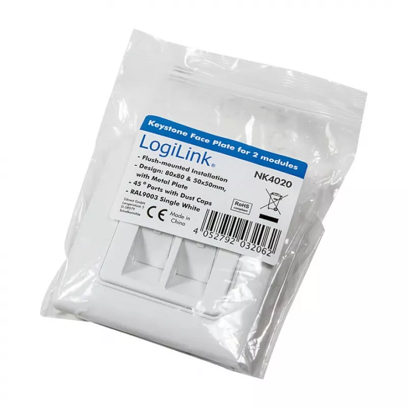 LogiLink NK4020 Keystone Wandanschlussdose, Unterputz, 2 Module, Signalweiß