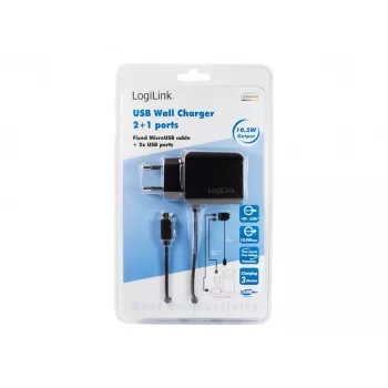 LogiLink PA0157 3-Port USB-Wandladegerät 10,5 W mit integriertem Micro-USB-Kabel, Schwarz
