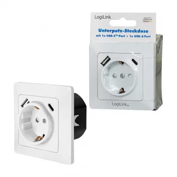 LOGILINK PA0253 Wandsteckdose mit 1 Schuko-Steckdose, 1 USB-A- und 1 USB-C-Ladeanschluss, 3,1 A, Weiß