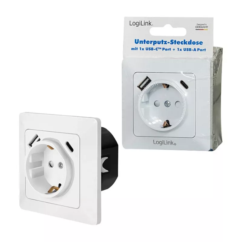 LOGILINK PA0253 Wandsteckdose mit 1 Schuko-Steckdose, 1 USB-A- und 1 USB-C-Ladeanschluss, 3,1 A, Weiß