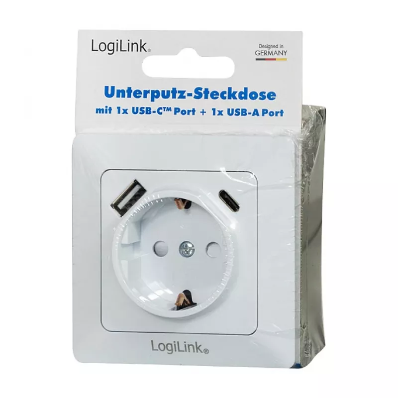 LOGILINK PA0253 Wandsteckdose mit 1 Schuko-Steckdose, 1 USB-A- und 1 USB-C-Ladeanschluss, 3,1 A, Weiß