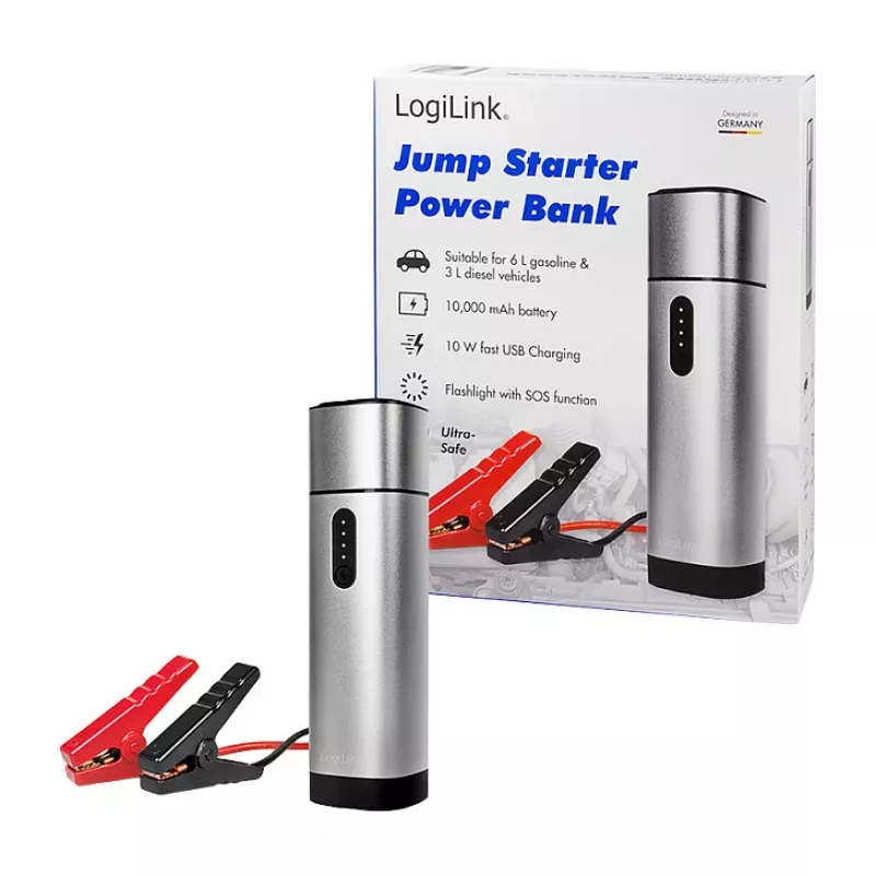Logilink PA0266 Starthilfe & Powerbank, 10000 mAh, 12V/400A Spitze, USB-C PD, LED-Taschenlampe