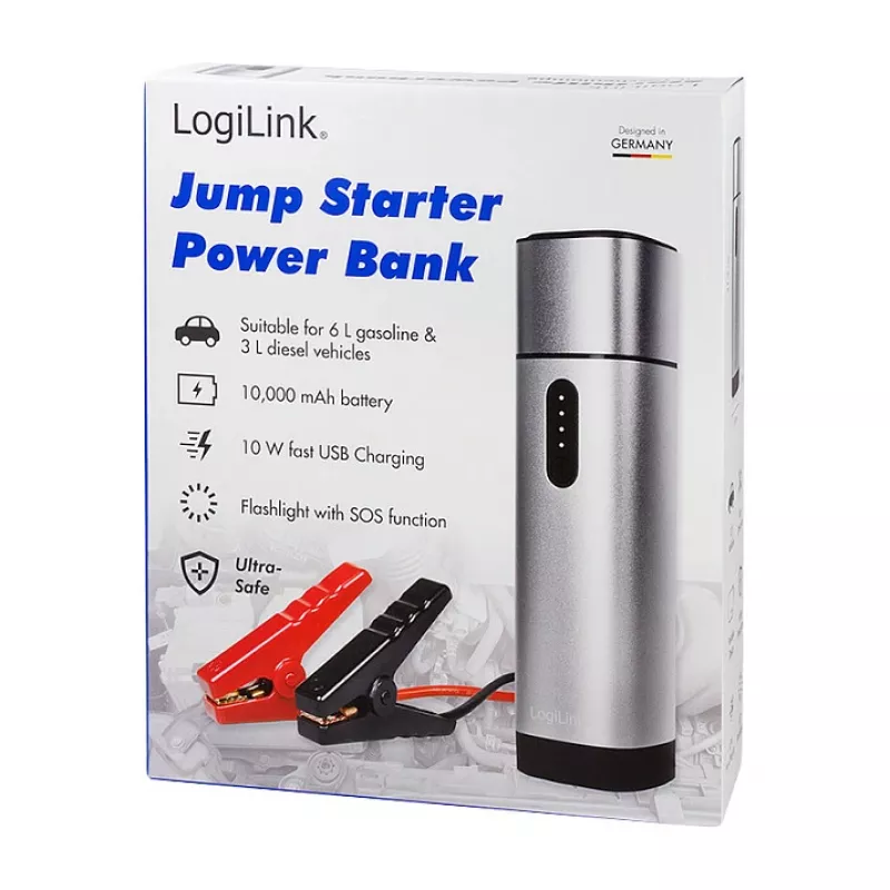 Logilink PA0266 Starthilfe & Powerbank, 10000 mAh, 12V/400A Spitze, USB-C PD, LED-Taschenlampe