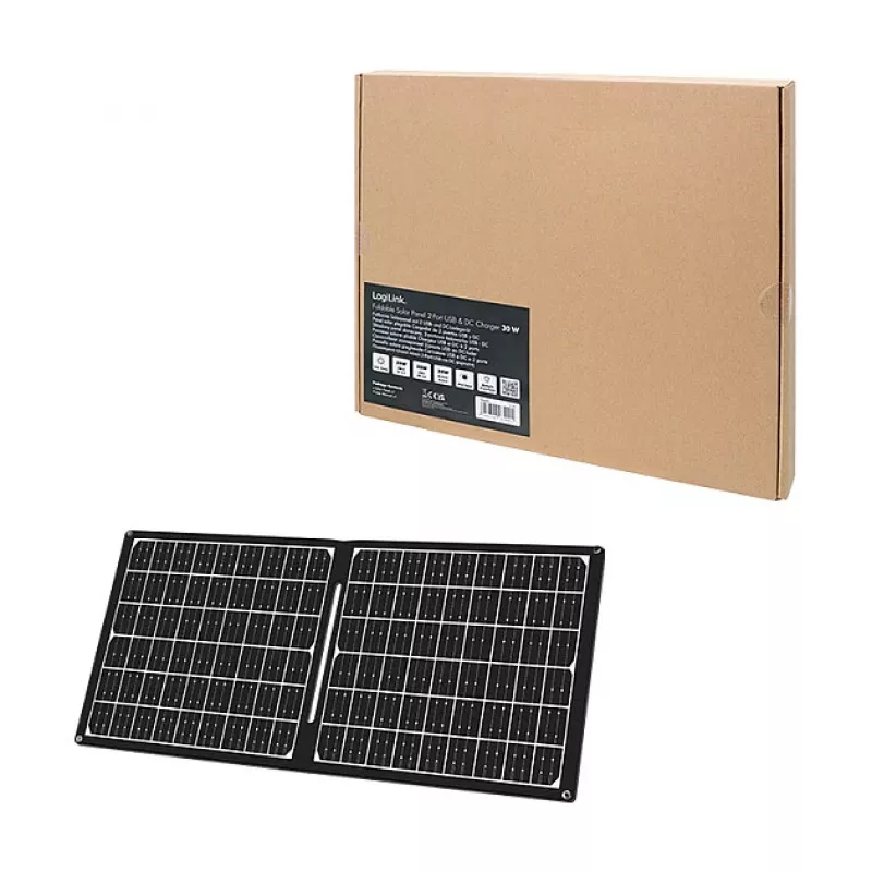 LOGILINK PA0341 Faltbares Solarpanel - 30W, USB-C & USB-A & DC-Ausgang, monokristallin, IPX4 spritzwassergeschützt