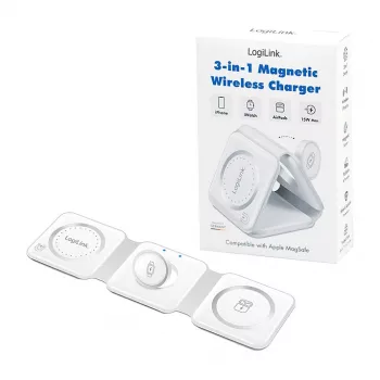 LOGILINK PA0344 Magnetisches Ladegerät 3-in-1 für Apple-Geräte, Weiß, faltbar, MagSafe, 15W