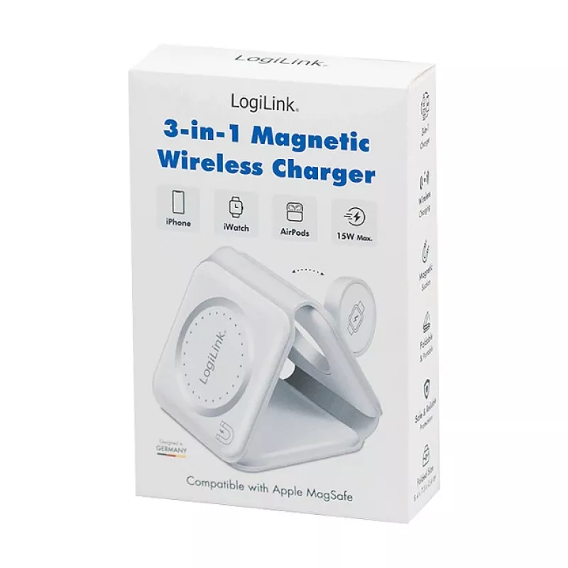 LOGILINK PA0344 Magnetisches Ladegerät 3-in-1 für Apple-Geräte, Weiß, faltbar, MagSafe, 15W