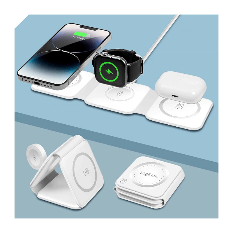 LOGILINK PA0344 Magnetisches Ladegerät 3-in-1 für Apple-Geräte, Weiß, faltbar, MagSafe, 15W
