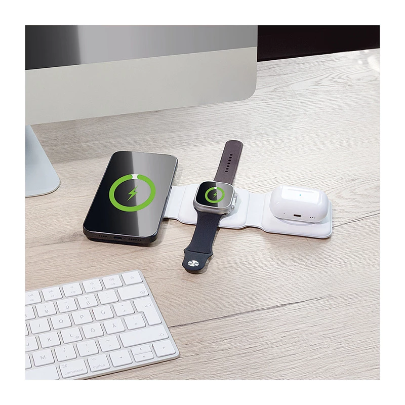LOGILINK PA0344 Magnetisches Ladegerät 3-in-1 für Apple-Geräte, Weiß, faltbar, MagSafe, 15W