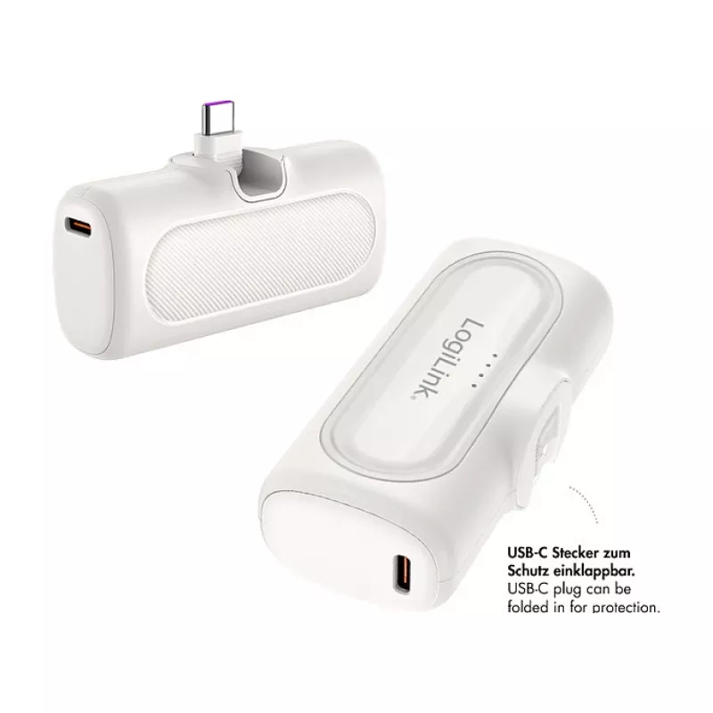 LogiLink PA0349W Mobile Power Bank, 5000 mAh, LiPo, Integrierter klappbarer USB-C-Stecker und USB-C-Anschluss, Weiß