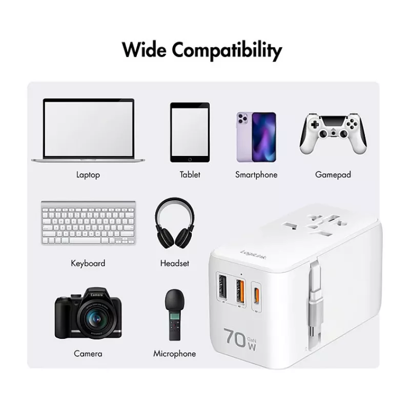 LOGILINK PA0357 USB-A/C Reiseladegerät, 70 W GaN, 4-Port, 2x USB-A (QC), 2x USB-C (PD), Schlank, Weiß