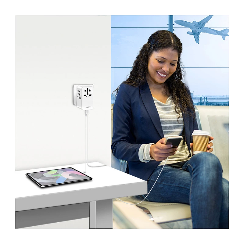 LOGILINK PA0357 USB-A/C Reiseladegerät, 70 W GaN, 4-Port, 2x USB-A (QC), 2x USB-C (PD), Schlank, Weiß