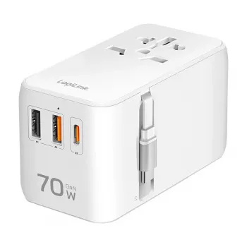 LOGILINK PA0357 USB-A/C Reiseladegerät, 70 W GaN, 4-Port, 2x USB-A (QC), 2x USB-C (PD), Schlank, Weiß
